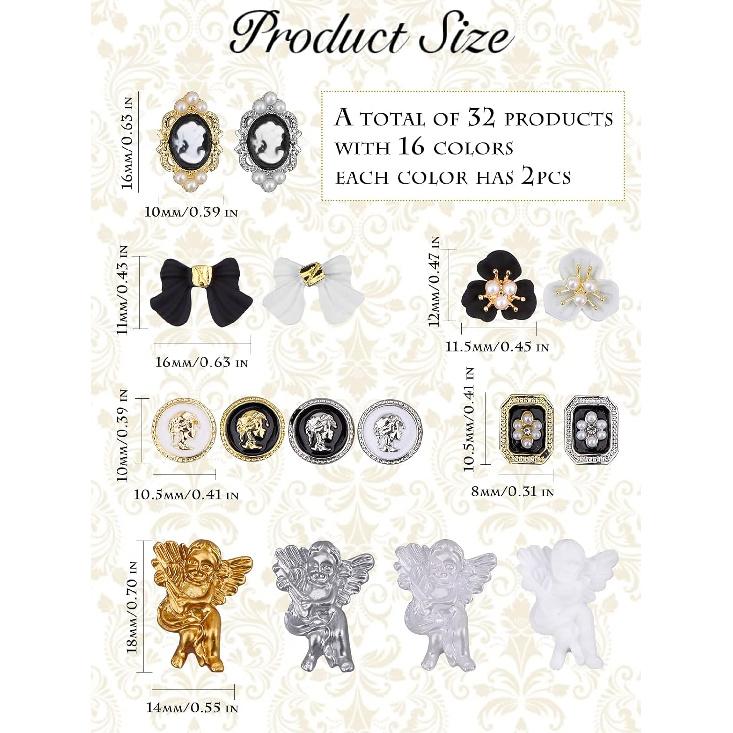 32PCS Nail Art Rhinestone, Lorvain 3D AB Nail Diamonds Relief Style Nail Art Rhinestones Metal Alloy Gold Flower Nail Charms Mix Size Nail