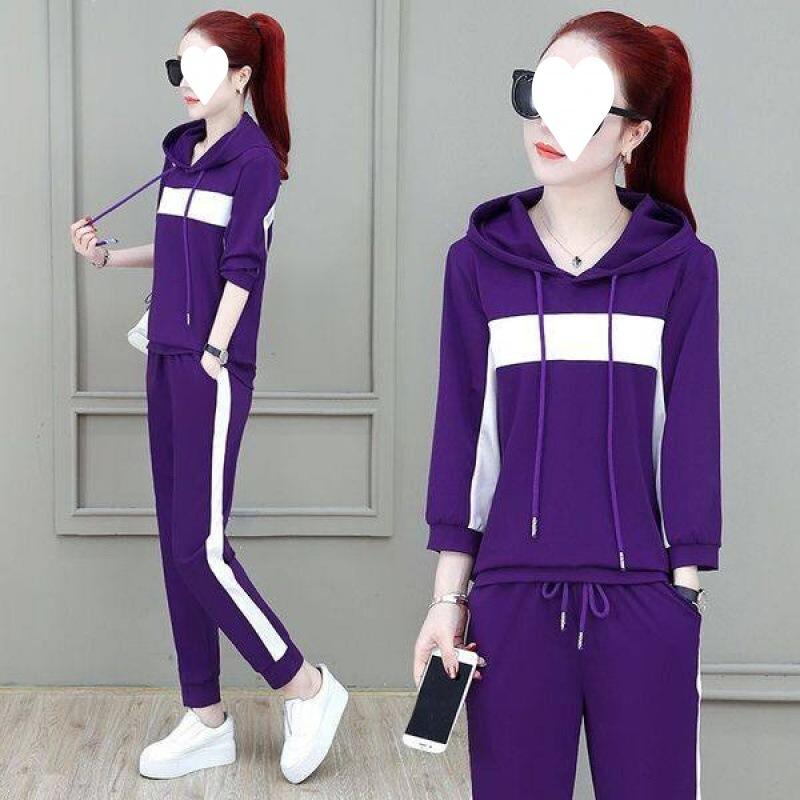 Early Autumn Casual Sports Suit for Women, Korean Style Loose Hooded Sweatshirt, Large Size Sportswear Two-piece Set