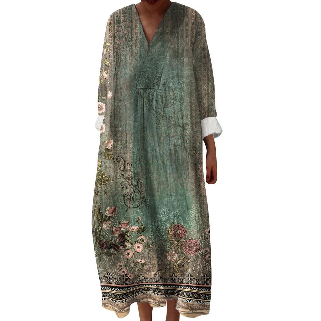 Women's Casual And Fashionable V-Veck Printed Long Sleeved Dress Long Sleeved Dress