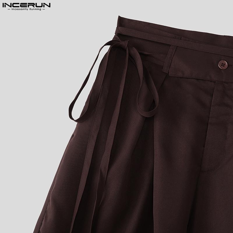 INCERUN Men Bandage Zip-up Waist Long Wide Leg Pants Casual Pockets Trousers