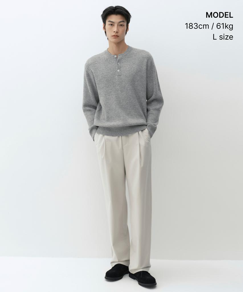 Musinsa Standard [Victoria Wool] Minimal Ribbed Henley Neck Knit [Melange Light Grey]