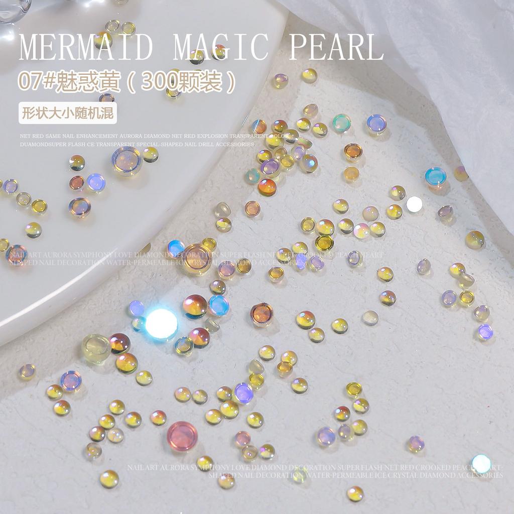 300pcs 3D Magic Colorful Mermaid Round Glass Aurora Translucent Crystal Beads Nail Charms Nail Art Decoration Accessories Tips
