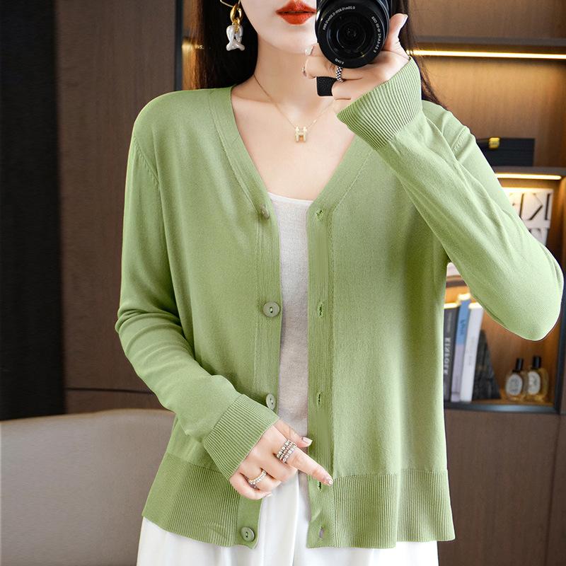 IHUASU Summer Thin Long-sleeved Ice Silk Knitted Women Cardigan Jacket Sun Shirt Air Conditioning Shirt with Skirt V-neck Outwear Tops