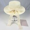 Sun Hat Lace Bow Decor Flat Top Wide Brim Straw Hat Hand-Woven Sunproof Windproof Summer Beach Picnic Basin Hat