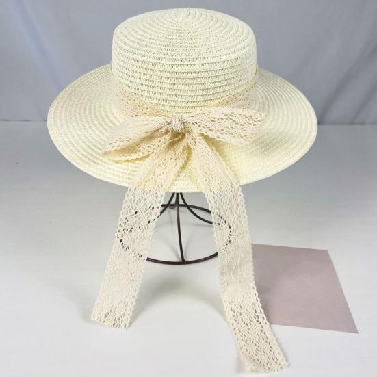 Sun Hat Lace Bow Decor Flat Top Wide Brim Straw Hat Hand-Woven Sunproof Windproof Summer Beach Picnic Basin Hat