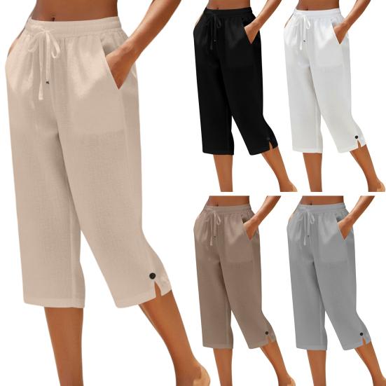 Women Cropped Pants Elastic High Waist Lace-up Straight Leg Casual Trousers with Pockets Breathable Summer Pants School Daily Wear