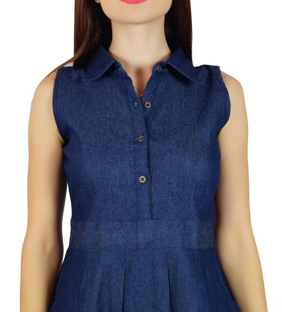 Bimba Womens Pleated A-line Dress With Pockets Casual Denim Shift Shirt