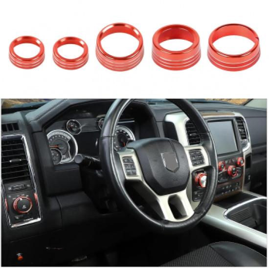 

5pc Red HeadlightCenter Console Switch Knob Ring Trim For Dodge RAM 1500 13-17