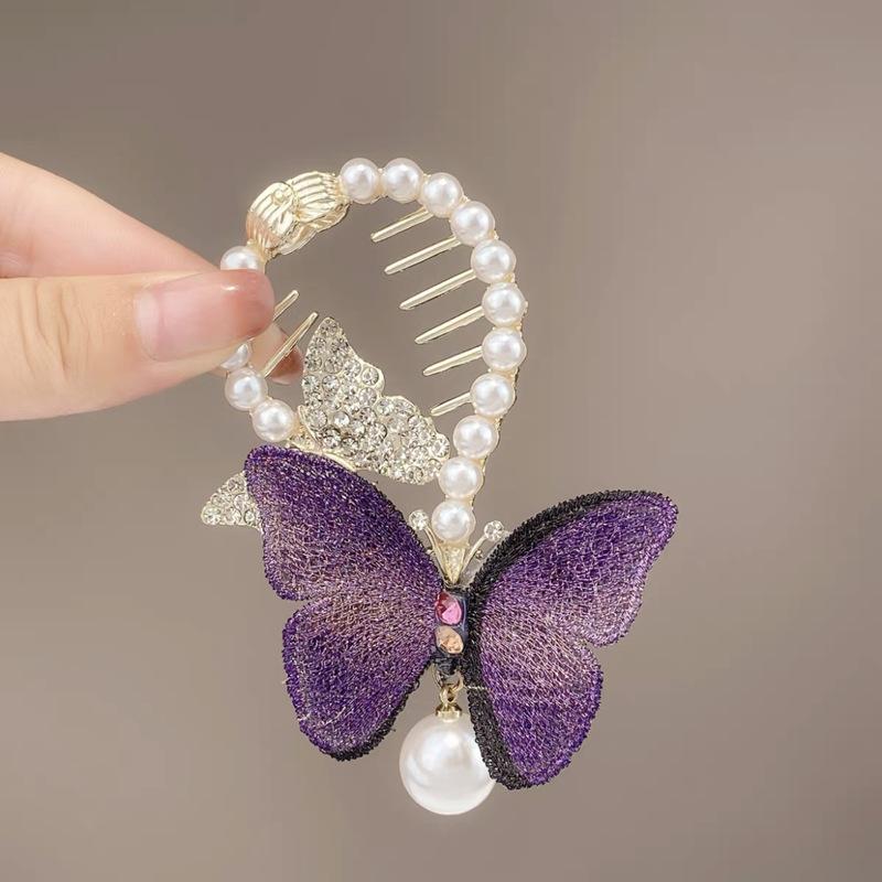 Gradient Blue Butterfly Pearl Ponytail Hair Clip - Women's Retro 2023 Comb & Grab Clip