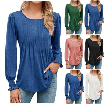 Women's Solid Color Floral Casual Puff Sleeve Round Neck Long Sleeve Top