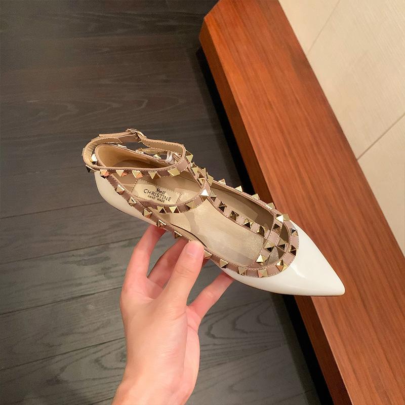 Sheepskin version~ Leather pointed tip shallow mouth strap rivet Mary Jane shoes women's flat all-match single shoes
