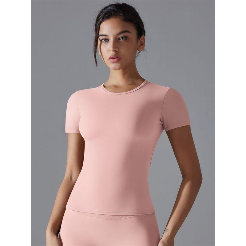 2025 Summer Pure Color Double-Sided Brushed High Elastic Tight Breathable Yoga Clothes Short Sleeve Sports Running Workout T-shirt Women