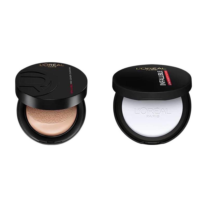 L Oreal Paris Infallible Makeup Set, #320 Black Cushion Foundation + White Compact Powder 6g Long Lasting Face Cosmetic Kit чёрный