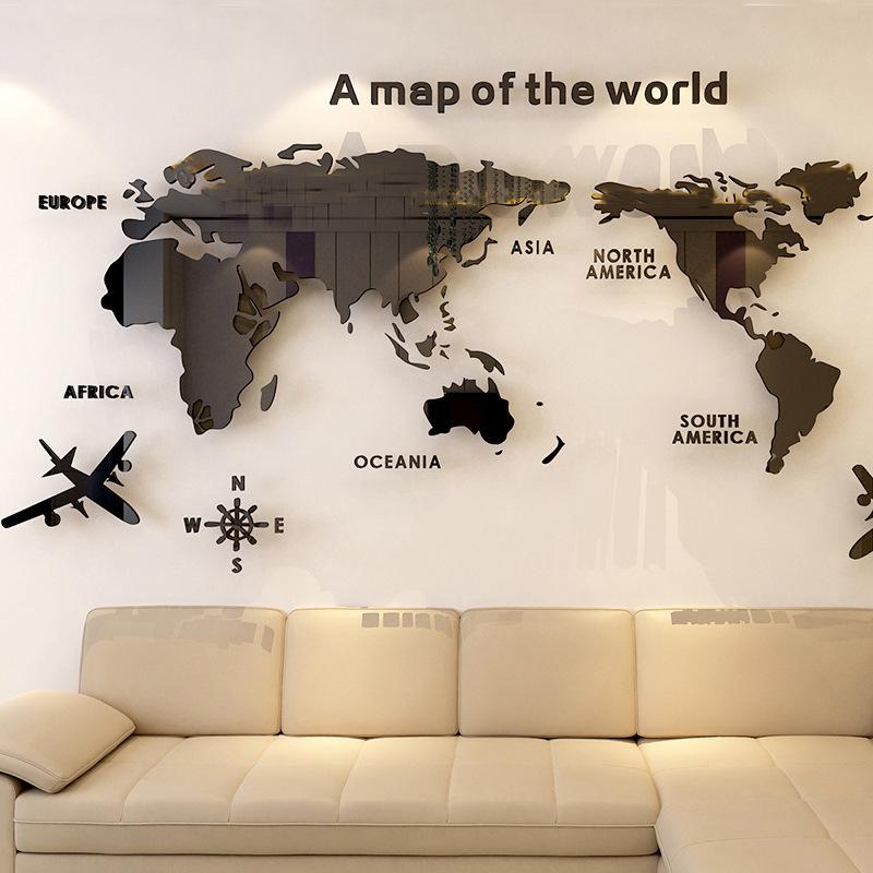 

World Map Wall 3D Acrylic Wall Stickers Three-dimensional Mirror Stickers Bedroom Office Background Wall Decoration Stickers S(0.8x0.4M) чёрный