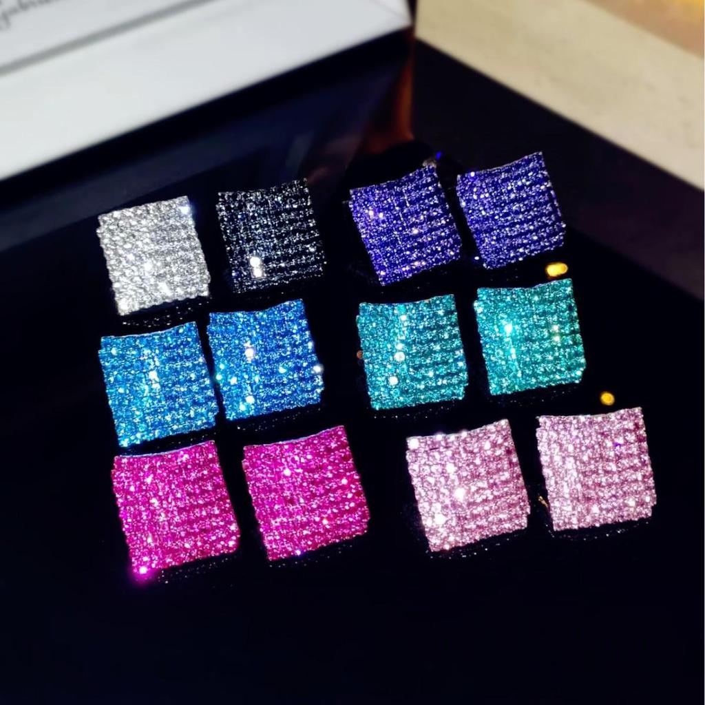 Brincos Geométricos Quadrados de Diamantes Completos - Elegantes, Modernos, Design de Nicho para Mulheres