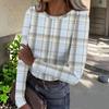 Women's Casual Neck Plaid Print Long Sleeve Ribbed Knit Top for Everyday Wear