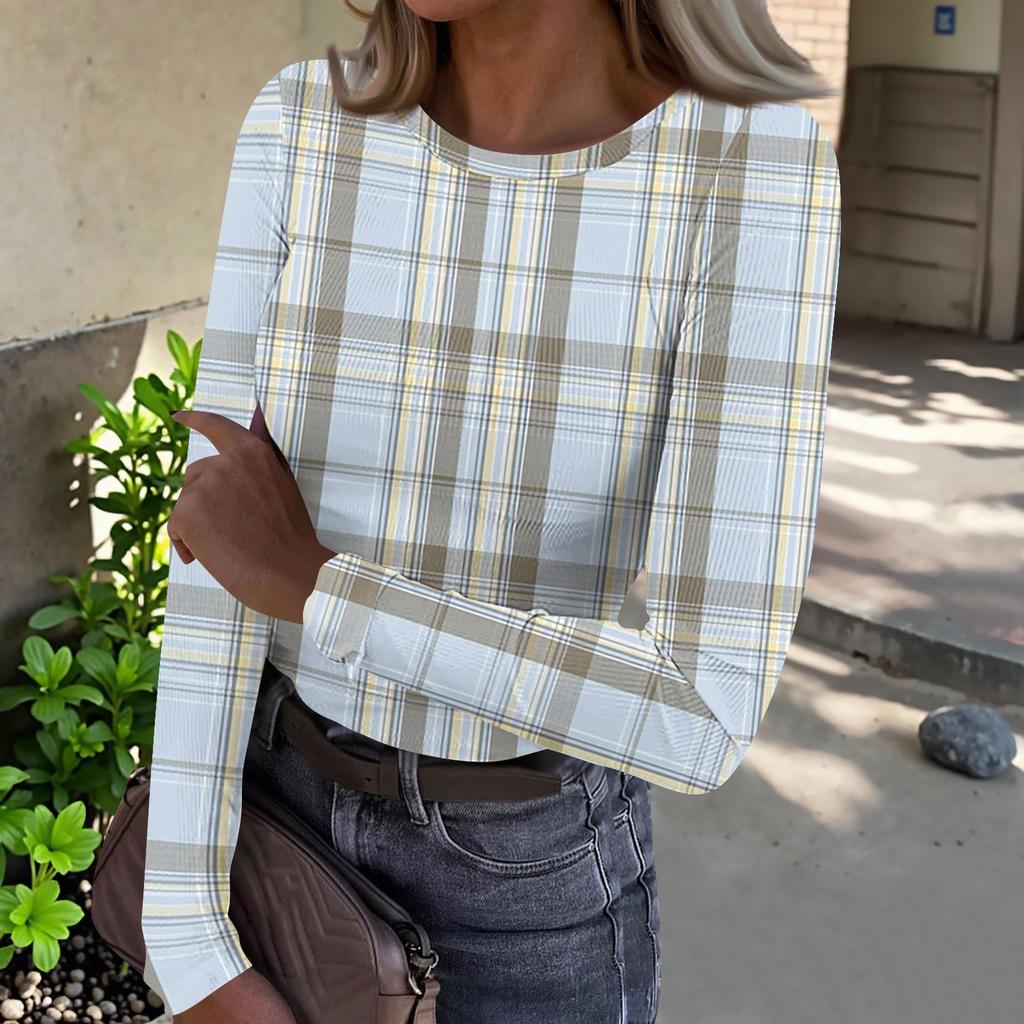 Women's Casual Neck Plaid Print Long Sleeve Ribbed Knit Top for Everyday Wear