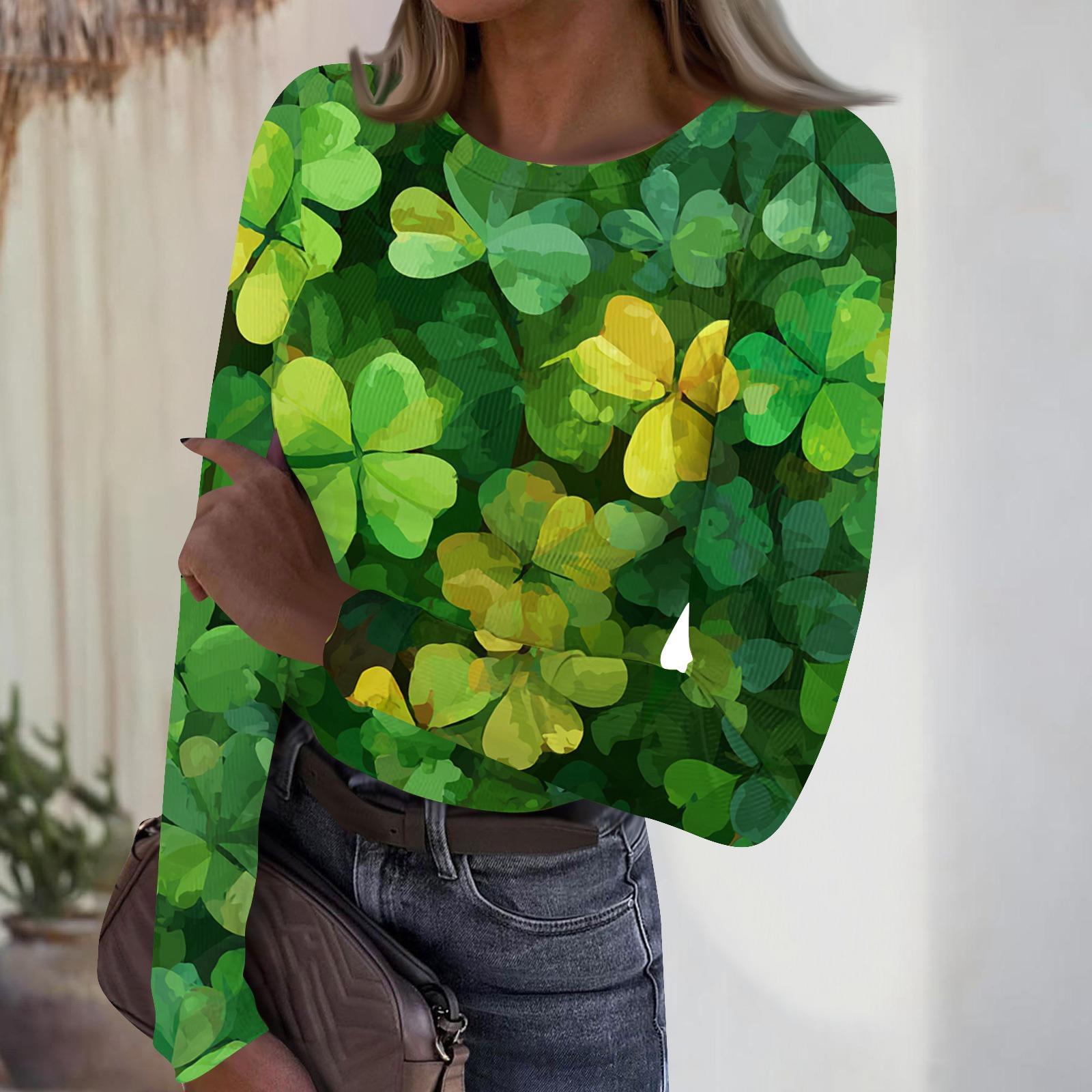 

Women s Casual Fashion Round Neck St. Patrick s Day Print Long Sleeve Ribbed Top XL