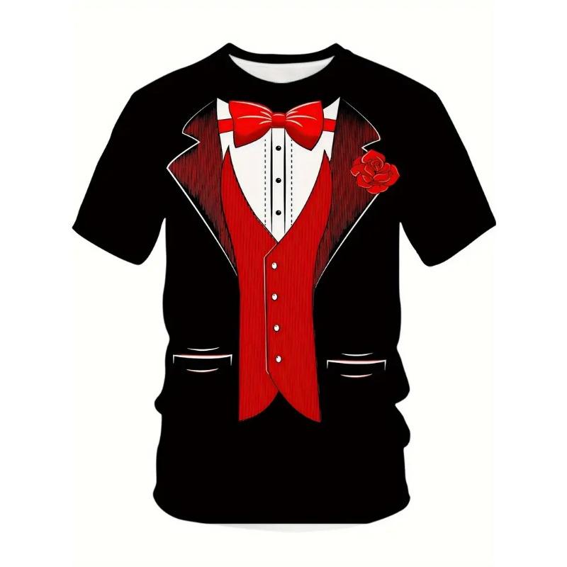 Men's Casual Suit Tie Print T-Shirt Tops Short Sleeve Crew Neck Men's Round Neck T-shirts New In Mens Cosplay Party Tee Shirts