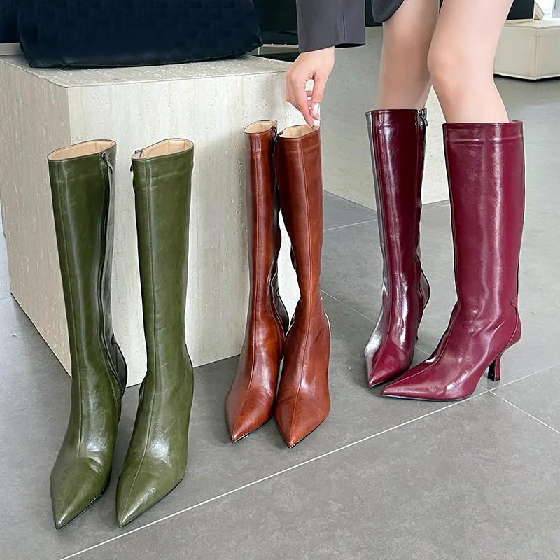 Fashion Sexy Pointy Toe Knee High Boots Women High Quality Leather High Heel Winter Boots for Women Side Zipper Designer Luxury Shoes
