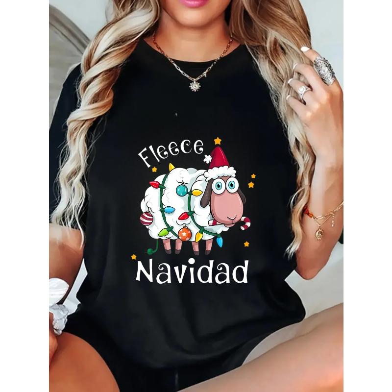Fleece Navidad Weihnachtsschaf T-Shirt Schwarz Feiertagsparty Freizeitkleidung für Frauen