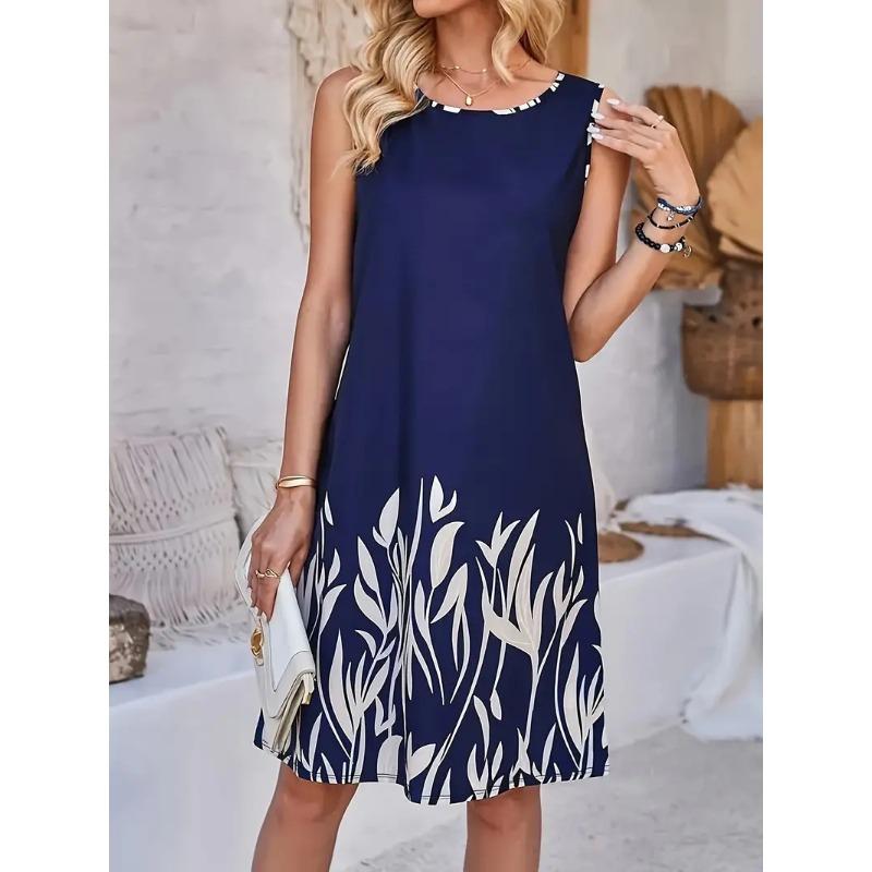 Simple And Fresh Floral Pattern Round Neck Sleeveless Dress Elegant Short Sleeve Waist Summer Slim Dress For Women L