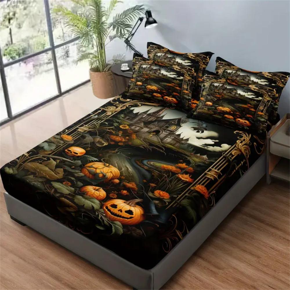 Halloween Pumpkin Castle Theme Bedding Set - 3-Piece Polyester Fitted Sheet & Pillowcase Set, Breathable All-Season Quilted