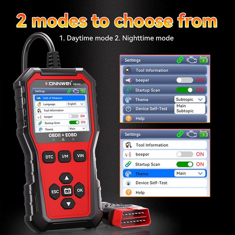 KONNWEI KW340 Car OBD2 Diagnostic Tool CAN EOBD 3in1 Engine Battery Test Read Clear Fault Code Real-Time Data O2 Inspection Tool