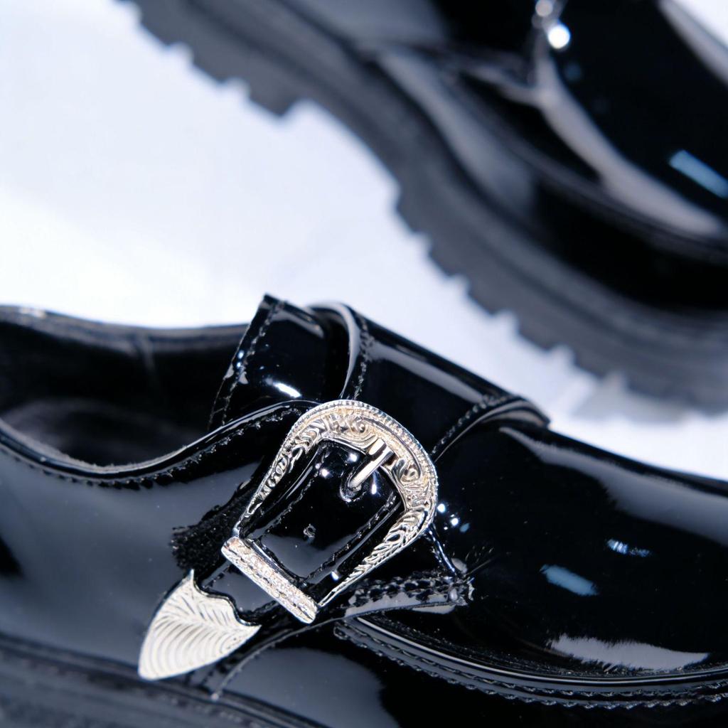 African Black Children's Glossy School Shoes with Gold Buckle, Patent Leather, 2026 Edition