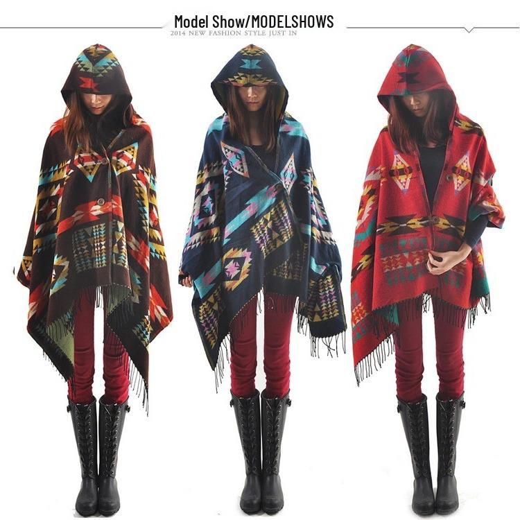 Bohemian Ethnic Toggle Hooded Cape Shawl - Thick Warm Imitation Cashmere for Women