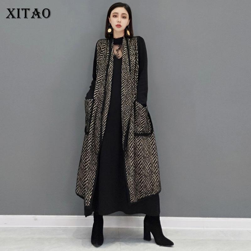 

XITAO однобортные полосатые жилеты пальто женские осенние индивидуальные модные свободные жилеты без рукавов с отложным воротником GWJ0863