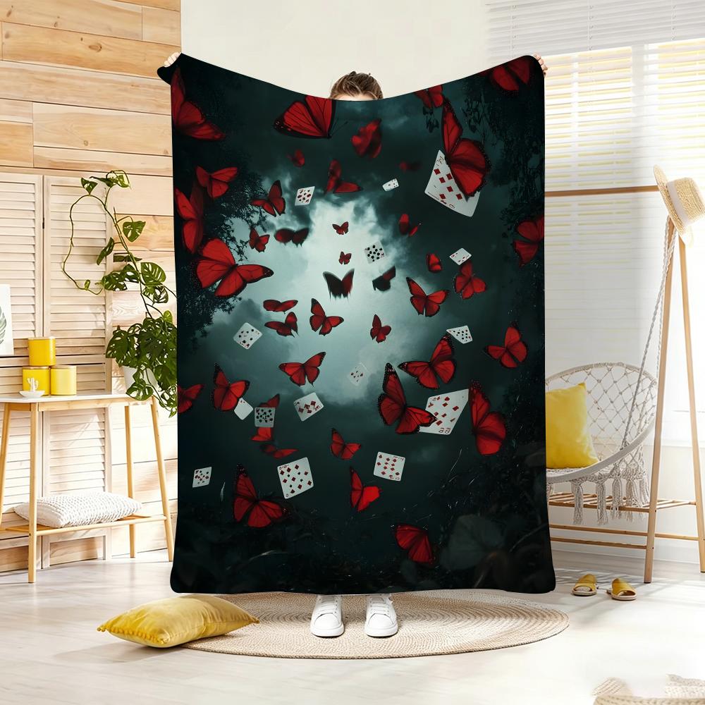 Art D-Dark Red Butterfly Poker Throw Lightweight Flannel Blanket Soft Skin-Friendly For Summer Cooling