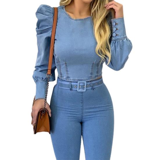 

Women Blouse Puff Sleeve Solid Color Spring Autumn Sexy Long-Sleeved Imitation Denim Shirt for Party S