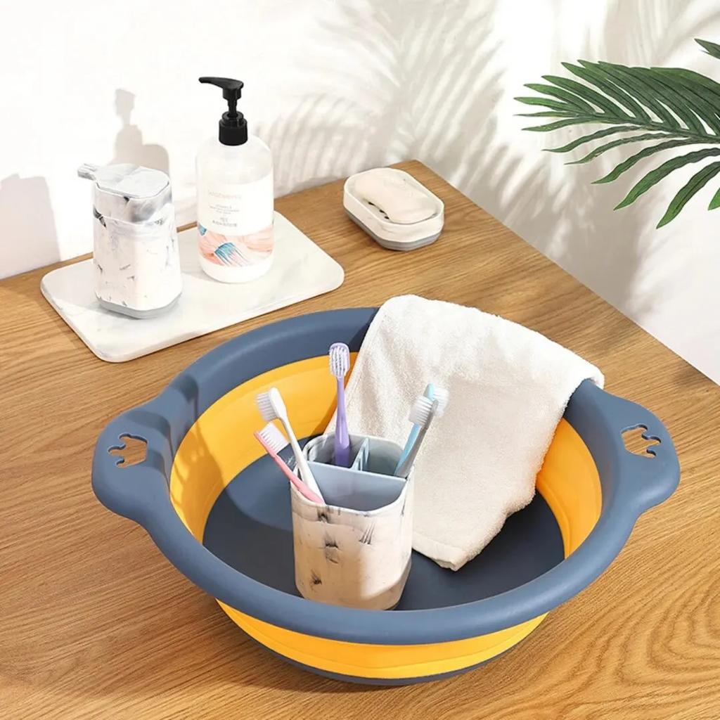 Foldable Dark Blue Washbasin, Food Grade Silicone Vegetable Wash Basin Children Washbasin Extendable Household Baby Water Basin