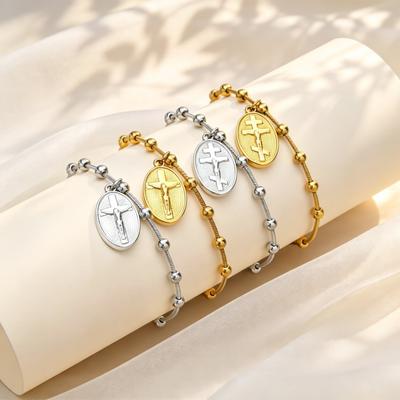 Catholic Christian Cross Jesus Bracelets for Women, Stainless Steel Rosary Beads Chain, Religious Orthodox Church Jewelry