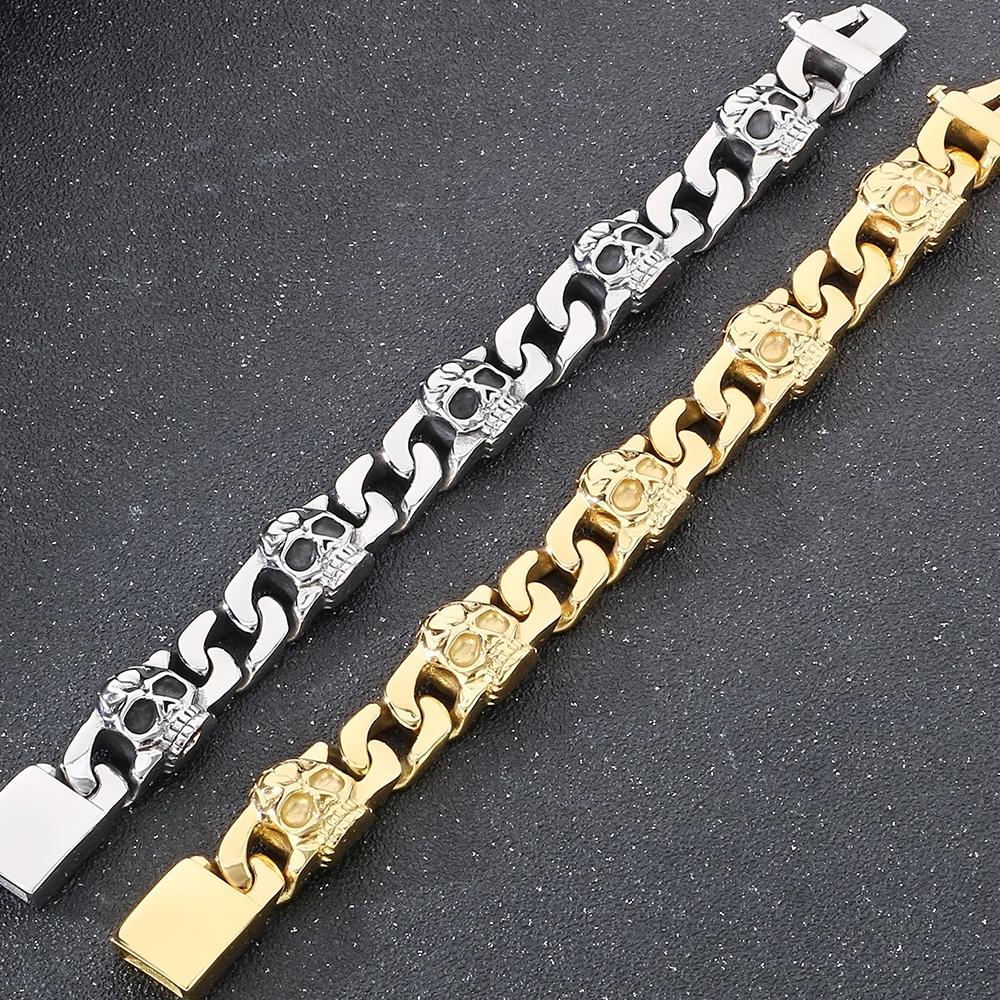 Punk Gothic Herrenarmbänder mit Totenkopf-Panzerkette, kubanische Kette, Herrenarmband für Männer, Edelstahl, Skelett-Schmuckzubehör
