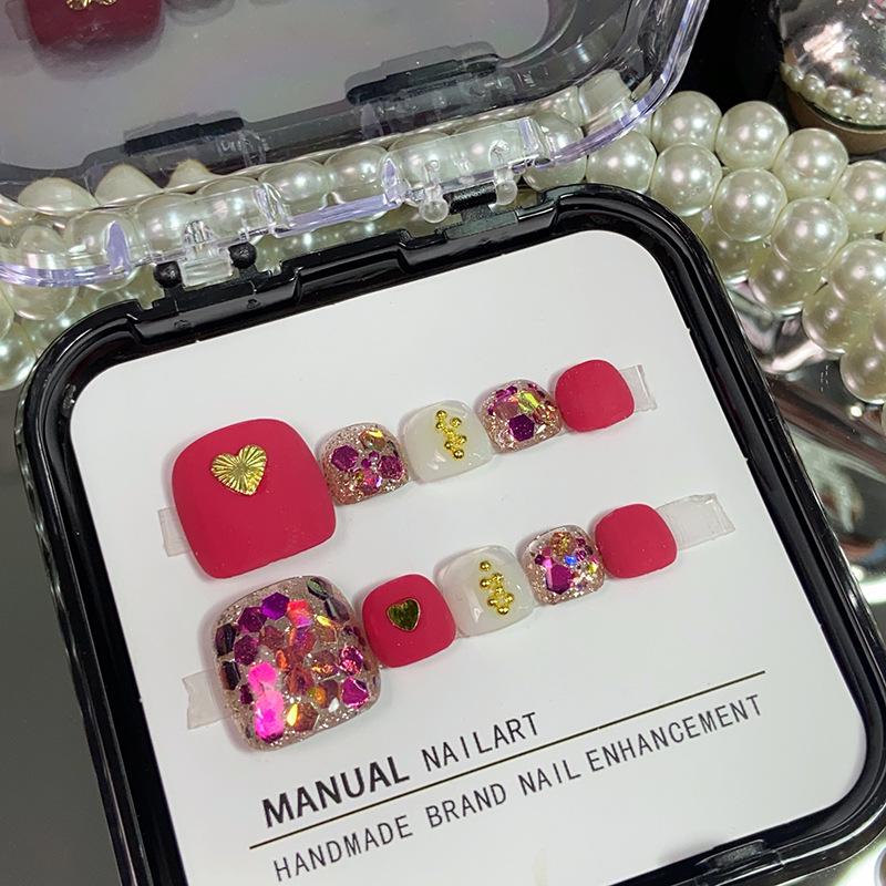 

Handmade Pitaya Red Matte Glitter Toenails for a High-End Manicure Small