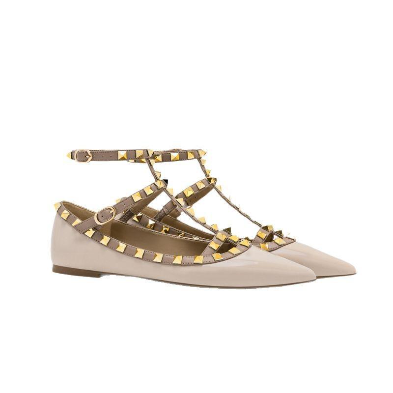 VT Rivet Pointed Toe Lace-Up Flats: 2025 Spring Patent Leather Studded Shoes for Women