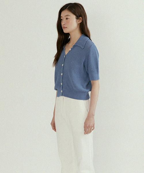 Lingseoul Open Collar Cotton Knit-Blue