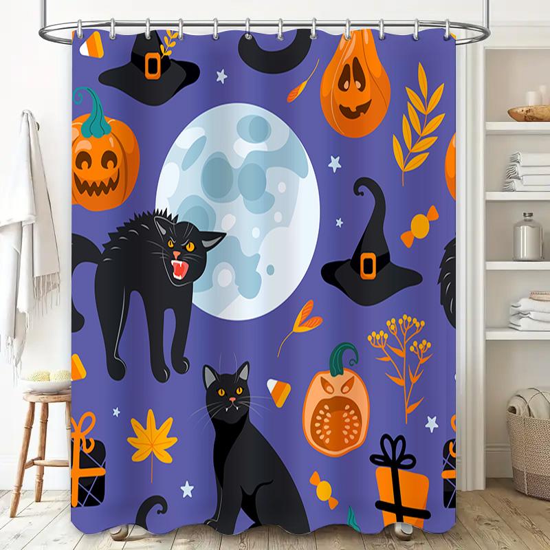 Halloween-Themed Shower Curtains With A Black Cat Pattern For Bathroom Decor Purple Print Design