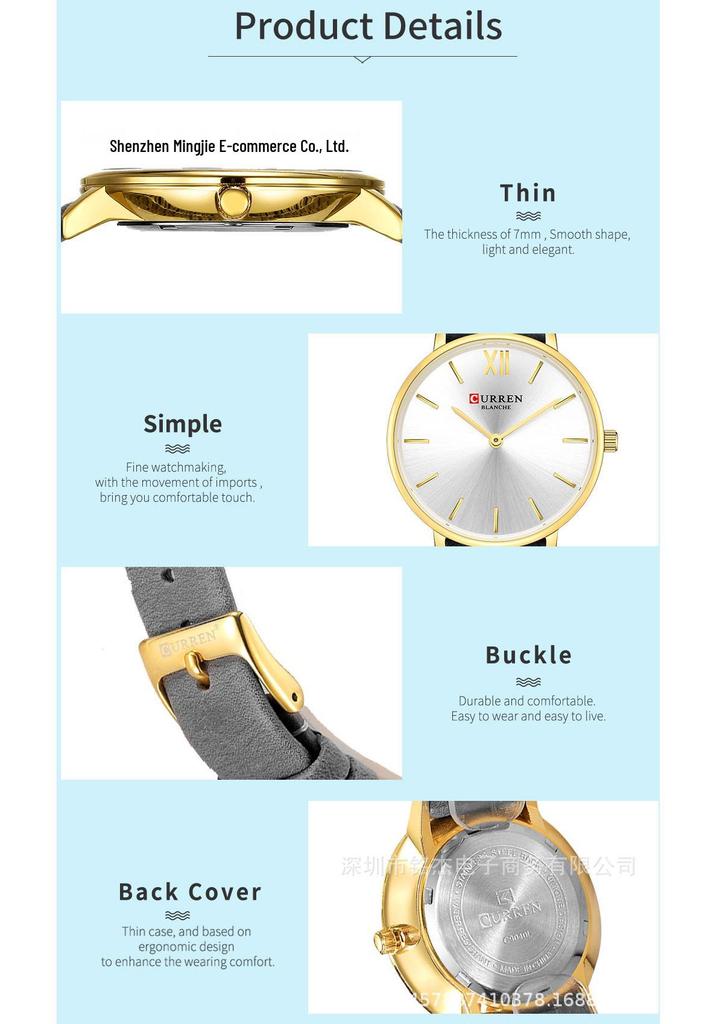 CURREN 9040 Women's Ultra-thin Waterproof Leather Strap Quartz Watch