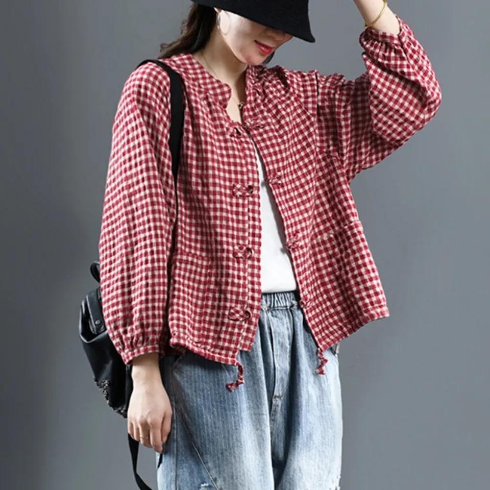 Women's Spring Vintage Buttoned Plaid Cardigan Drawstring Pattern Top