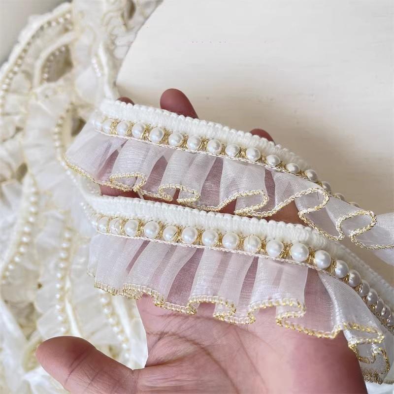 

nice Gold thread edging beaded pleated lace fabric DIY fashion children s wear sewing doll skirt Quiet book cutting accessories 1 yard