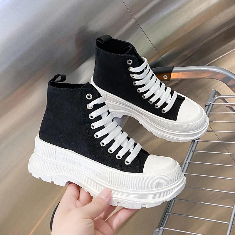 Fashion Women Lace-Up Front High Top Flatform Canvas Shoes Fashion Casual Comfortable Height Increasing Sneakers
