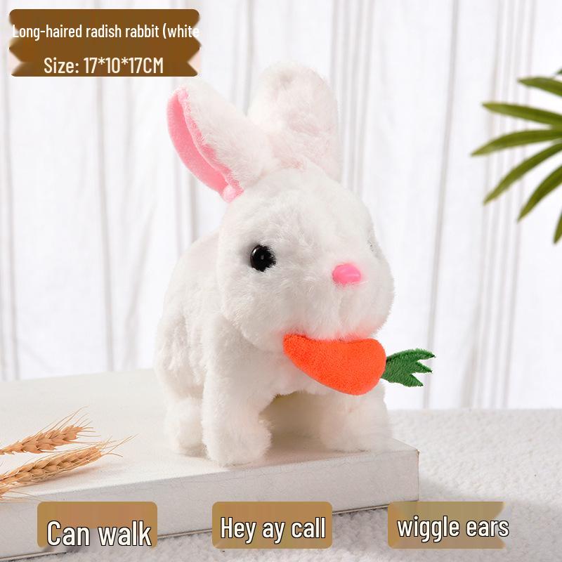 Plush Interactive White Rabbit Toy - Walking, Talking, Ear-Wiggling, Mouth-Moving Long-Haired Pet Simulation.