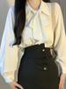 French bow long-sleeved shirt commuter shirt white spring and autumn professional white collar lace-up bow streamer top