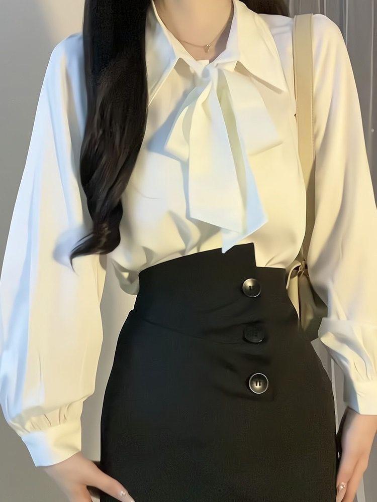 French bow long-sleeved shirt commuter shirt white spring and autumn professional white collar lace-up bow streamer top