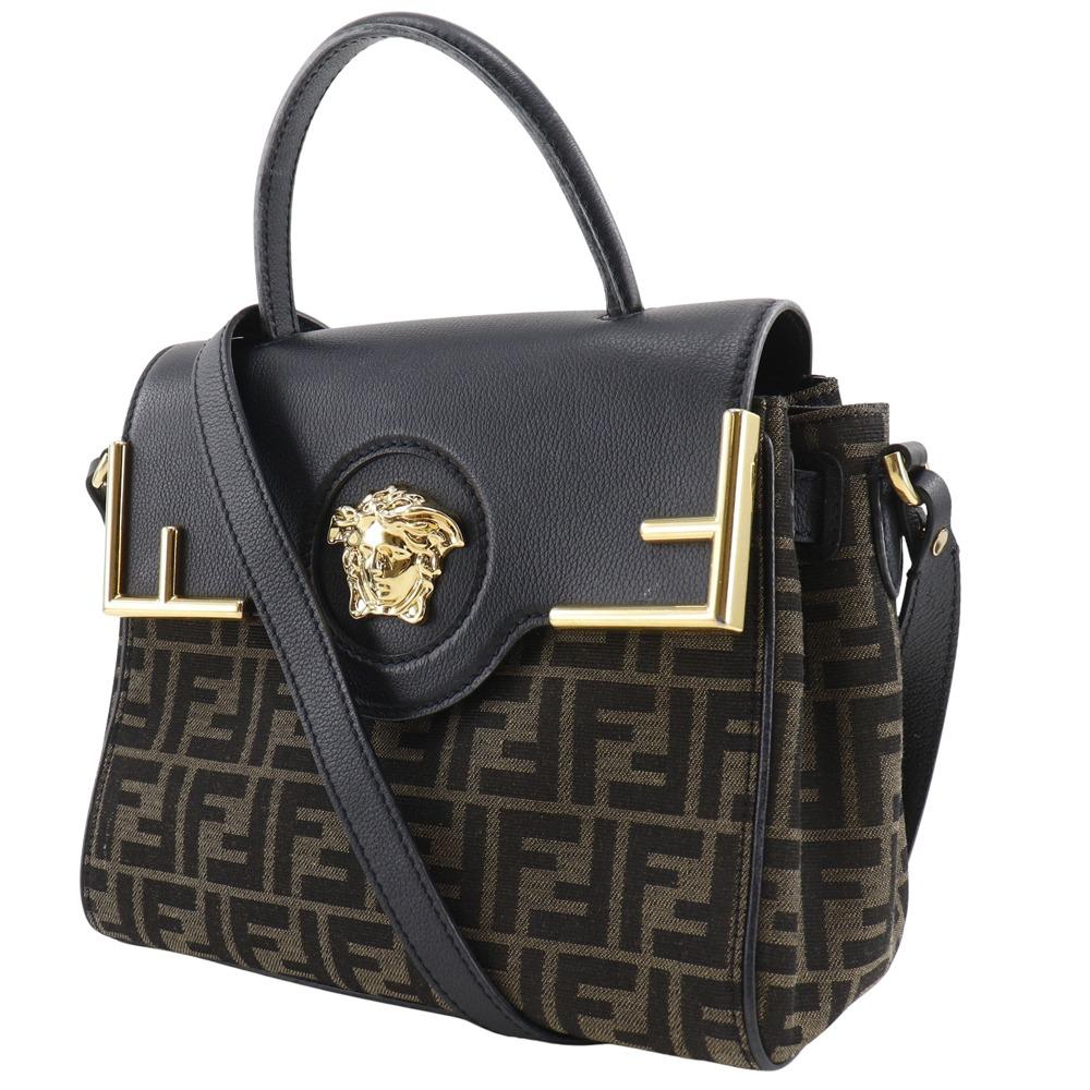 Fendi La Medusa Zucca Handbag X Versace Fender 2WAYShoulder Black / Brown Nylon Canvas/leather Women Used