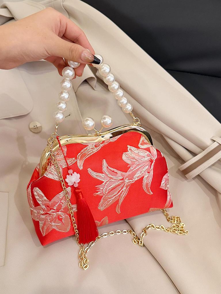 2026 Women's Crossbody Evening Bag with Chain Clasp - Textured Qipao Embroidery & Pearl Design