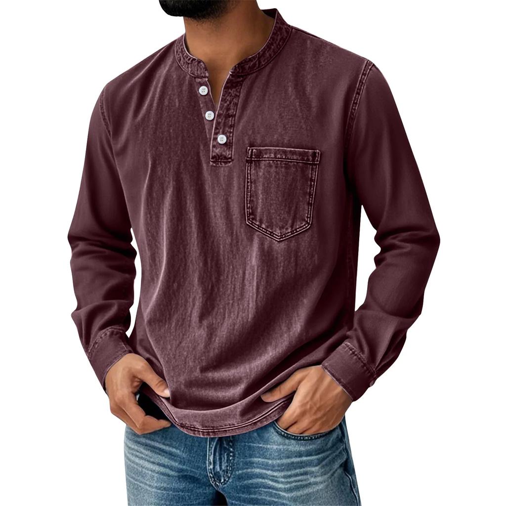 Men's Henley Long Sleeve T-Shirt Vintage Washed Denim Casual Tops Button Down Crew Neck Loose Fit Daily Streetwear for Men
